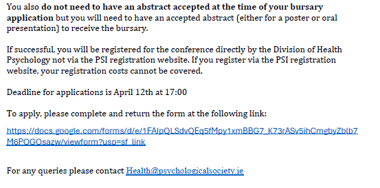 🚨🚨We are excited to announce our Psychology Health and Medicine Conference bursaries to support registration and travel! Open to PSI DHP members and non-members.

Apply here by April 12th: 
docs.google.com/forms/d/e/1FAI…