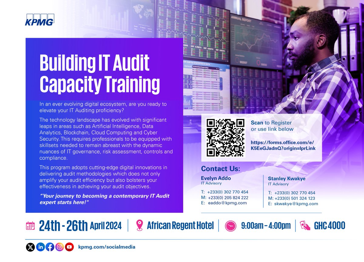 Advance your IT audit skills at KPMG's intensive training from April 24-26 📅at the African Regent Hotel. Master AI, analytics, and blockchain. Connect, learn, and lead in the digital age. Secure your spot!✅

#ITAudit #KPMGTraining #Growth #CyberSecurity