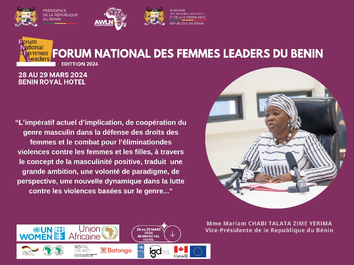 Le Forum National des Femmes Leaders, un événement incontournable qui se tiendra du 28 au 29 mars, placé sous le haut parrainage de la Vice-Présidente de la République du Bénin. #FNFL #MasculinitéPositive #ÉgalitéDesGenres #LeadershipFéminin #ChangementInclusif