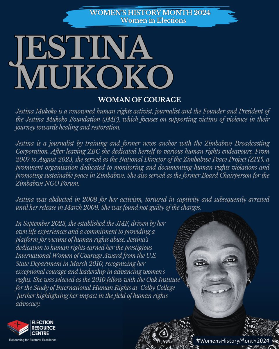 #WomenHistoryMonth Jestina Mukoko (@Jesmunga) Jestina is a renowned human rights activist, journalist and founder of Jestina Mukoko Foundation Jestina has contributed to free & fair elections through monitoring/documenting human rights violations & promoting sustainable peace