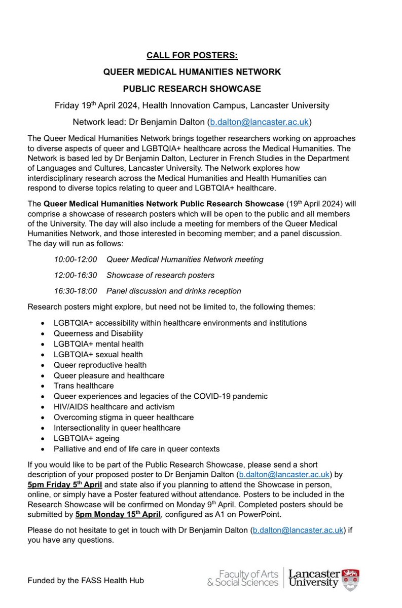 BenBGDalton's tweet photo. 🚨CALL FOR POSTERS🚨 for the Queer Medical Humanities Network Public Research Showcase (Friday 19th April, @HICLancaster @LancasterUni) Come join us in bringing together interdisciplinary Queer Medical Humanities research! With thanks to @FASSHealthHub for funding 🏳️‍🌈🏥🩺 https://t.co/uR2g2k1egK