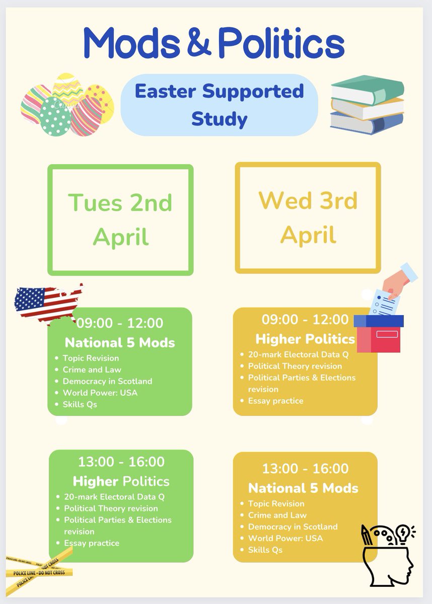 📣📣 EASTER SUPPORTED STUDY 📣📣

N5 Modern Studies and Higher Politics

Tues 2nd and Wed 3rd April!

Here’s what to expect…

🐣📚

<a href="/AlloaAcademy/">Alloa Academy</a>