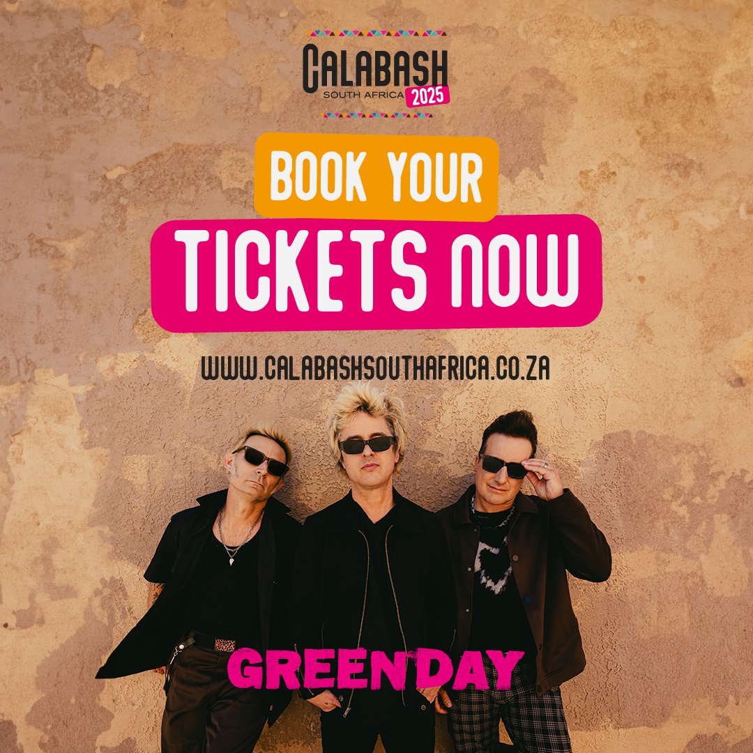 The iconic Grammy-winning trio @GreenDay is coming to rock your world with their unforgettable anthems like 'Basket Case' and 'American Idiot.' 🎸 With a musical legacy spanning three decades, their debut in South Africa is not to be missed. 🤘 🎟️ bit.ly/CalabashSA25