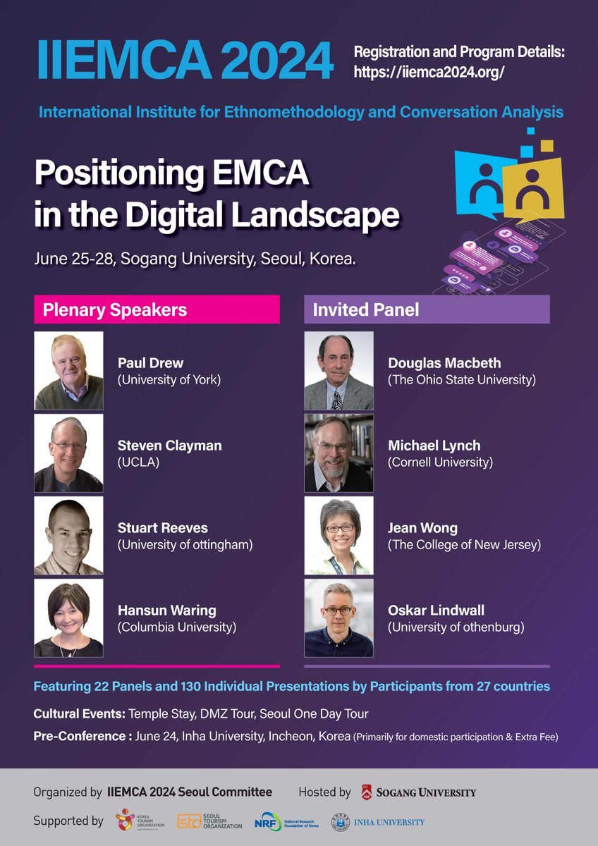 Updates for EMCA community🚨 New poster out for IIEMCA 2024 featuring four plenaries and an invited panel✨ For presenters, don't forget that registration is until March 31st! Visit the website for more info: iiemca2024.org #emca