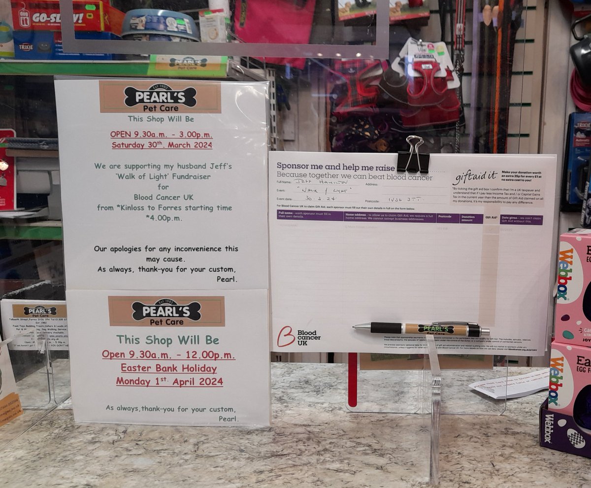 PEARLSPetCare's tweet photo. Please "zoom in" to read two information notices.
We have a sponsorship sheet on the counter for Jeff's fundraising for #WalkOfLight for @bloodcancer_uk
Many thanks to those who have already generously donated. 🙏 ☺ https://t.co/toOxlRauNZ