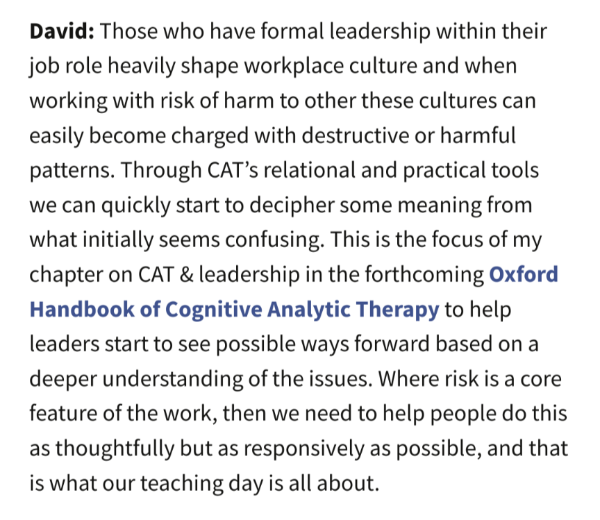 Last year we asked David Harvey @dawahar his thoughts on working with risk using ideas & approaches from #CognitiveAnalyticTherapy. Join him at #CATrisk24 on 14 May in Manchester for more on this catalyse.uk.com/cpd/safety-and… #Relational
