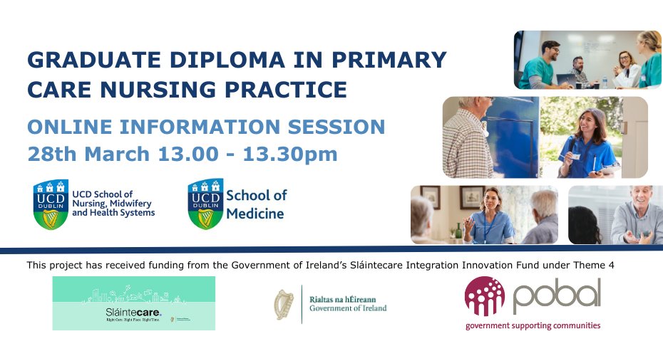 UCD School of Nursing, Midwifery & Health Systems (@ucdsnmhs) on Twitter photo You're invited to an online Information Session about the <a href="/slaintecare/">Sláintecare</a> funded Grad Dip in Primary Care Nursing Practice enrolling this September 2024. We welcome RGN's in general practice and community.
🌐 Zoom Link ucd-ie.zoom.us/j/64646975427?… You're invited to an online Information Session about the <a href="/slaintecare/">Sláintecare</a> funded Grad Dip in Primary Care Nursing Practice enrolling this September 2024. We welcome RGN's in general practice and community.
🌐 Zoom Link ucd-ie.zoom.us/j/64646975427?…