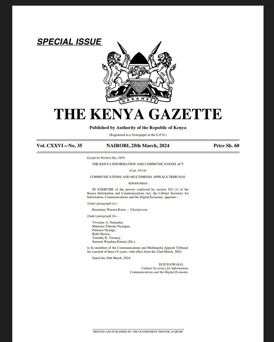I am delighted to announce my appointment to Kenya's Communications and Multimedia Appeals Tribunal. My sincere gratitude to Cabinet Secretary HE, @EliudOwalo and the Government of Kenya for their trust. I am committed to justice for the media and the public. Thankful for this