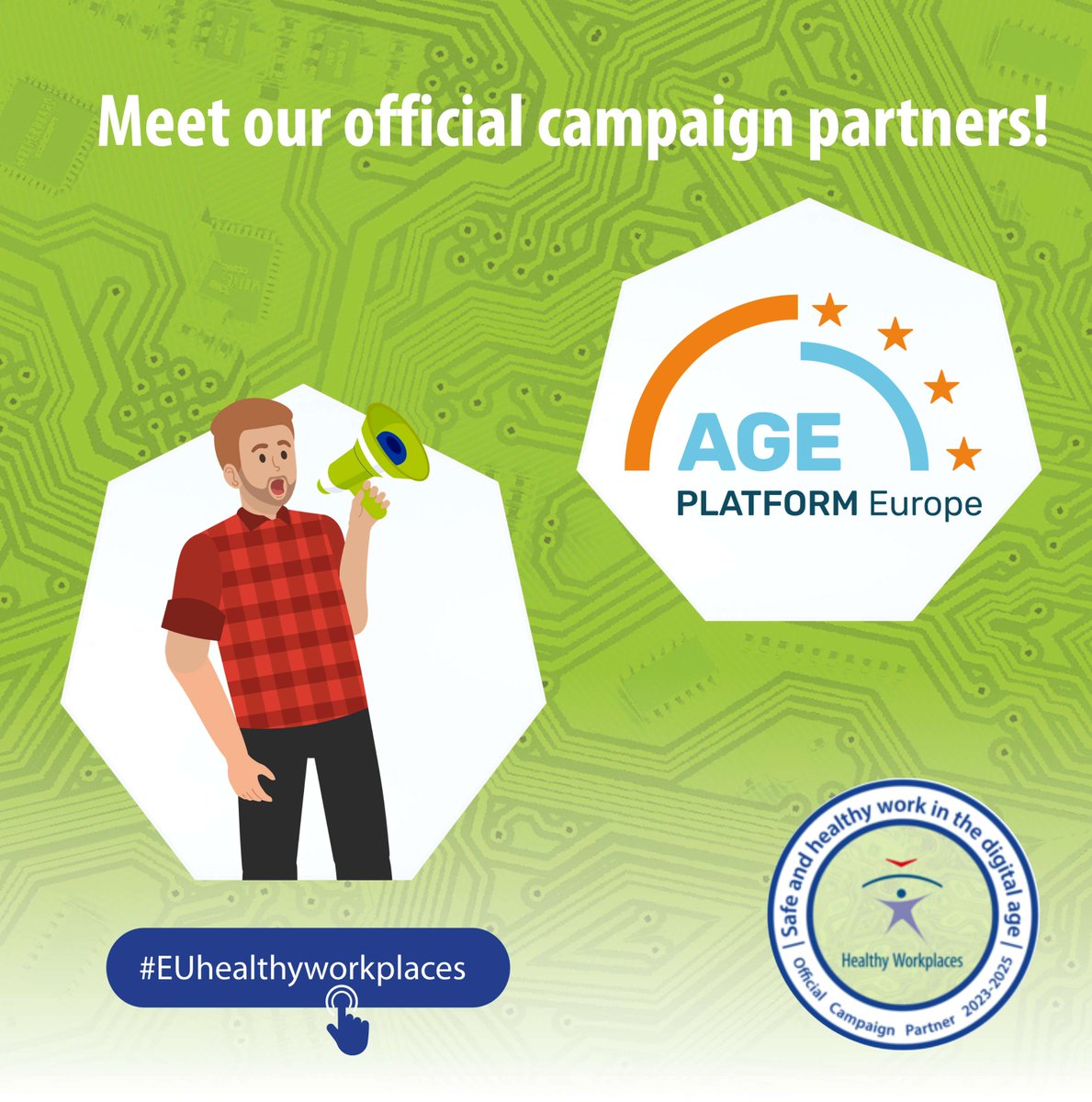🤝 Welcome @AGE_PlatformEU as our new #EUhealthyworkplaces campaign partner! 🔎 As a network of organisations for older people, they focus on the impact of #digitalisation on ageing at work and pledge to ensure accessibility and exchange good practices. healthy-workplaces.osha.europa.eu/en/campaign-pa…