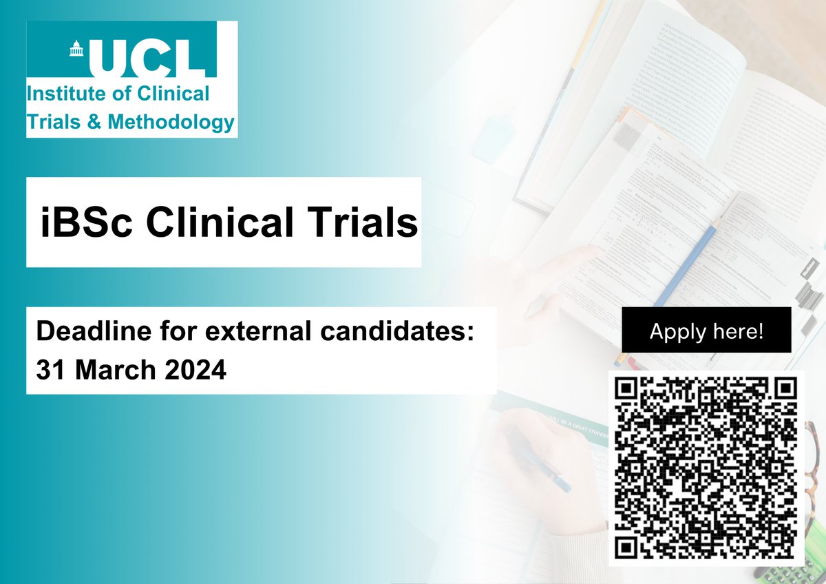 Applications for external candidates for our iBSc #ClinicalTrials close on 31 March 2024. We are hosting a final webinar where you can hear from our Programme Co-Directors and learn more about the course. 27 March, 15:00-16:00 GMT 🔗 shorturl.at/mnxGQ