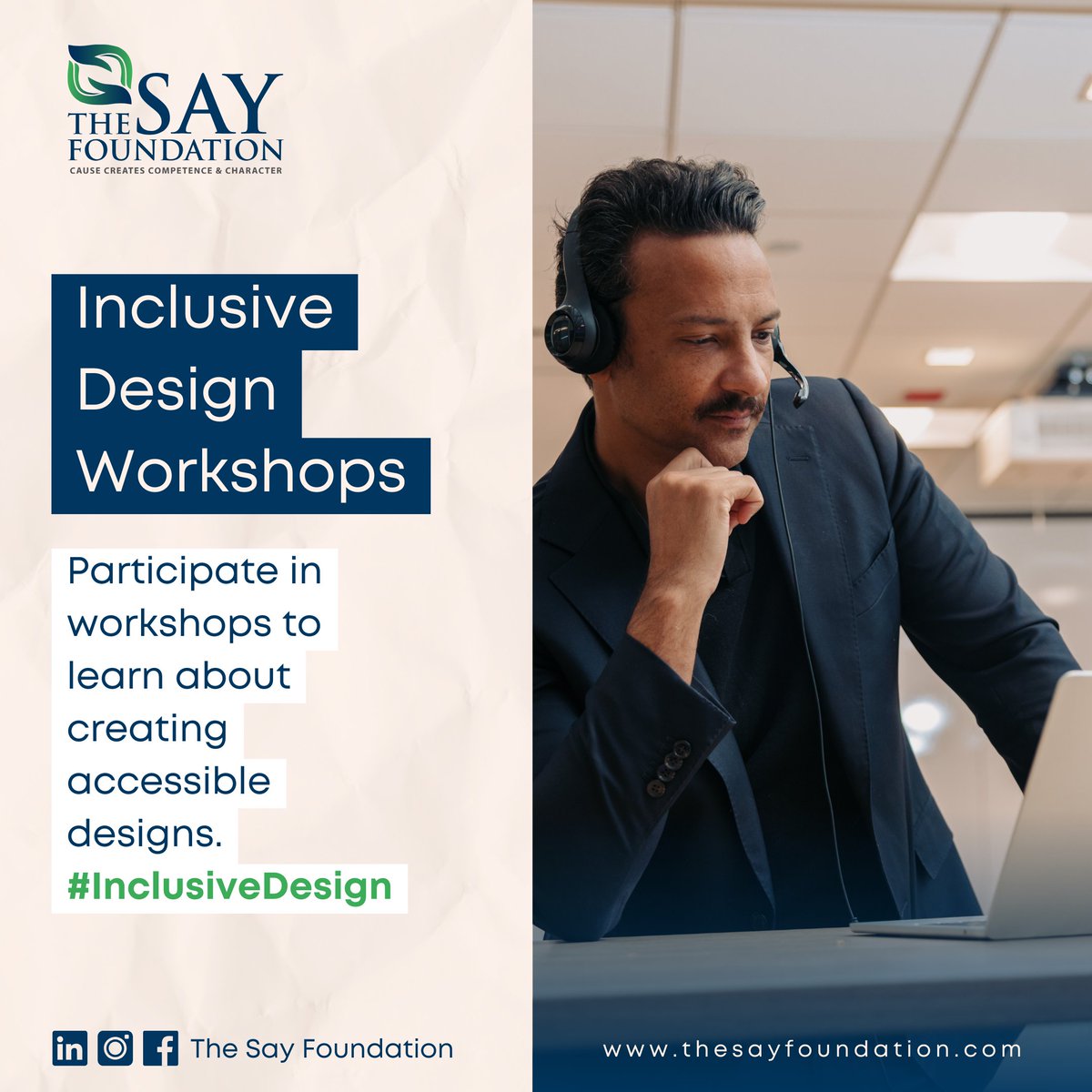 Design with a Purpose

Unleash the power of inclusivity in design with The Say Foundation's workshops. 

Be a design changemaker—Sign Up for our workshops today!

#inclusivedesign #designforall #accessibledesign #createchange #workshops #job #candidates #PWD #handicap