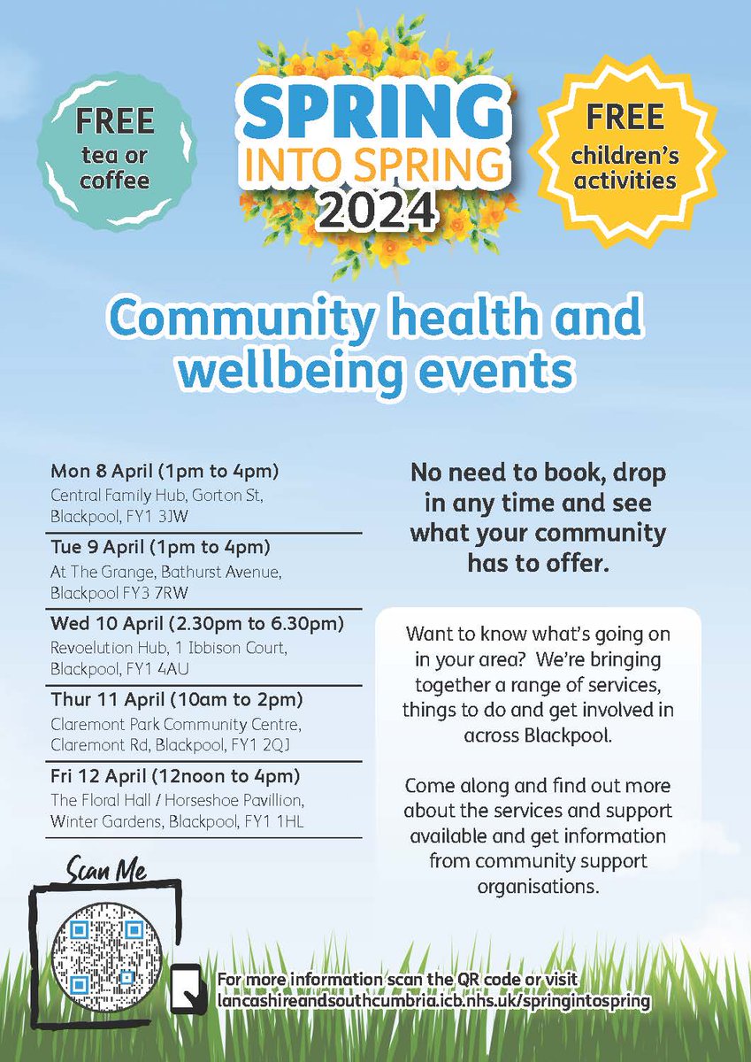 Calling all local residents! 🌻SPRING INTO SPRING 2024🌻 A range of FREE community health and wellbeing events in and around Blackpool. 👉 Meet new people 👉 Find out about local services 👉 Sign up to local groups and support More info: bit.ly/4aMsWDF