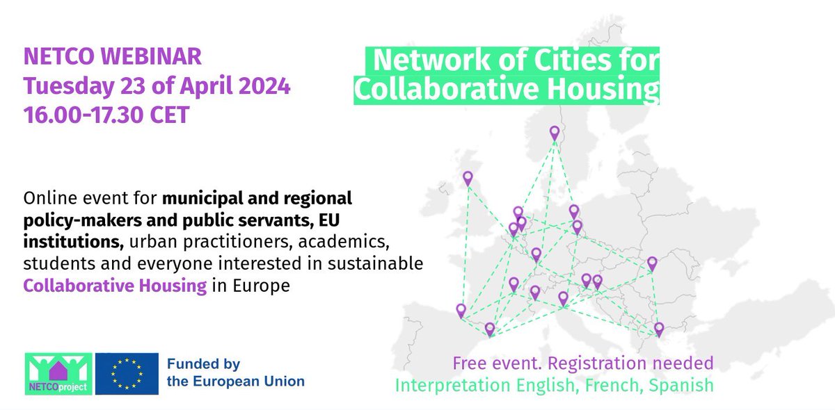 If you're interested in sustainable #CoHousing in Europe: 🌟JOIN OUR WEBINAR🌟 📝Registration is free but places are limited 📅23 April 🕐from 16:00 to 17:30 CET us06web.zoom.us/webinar/regist… 🌎Interpretation available in Spanish, English and French