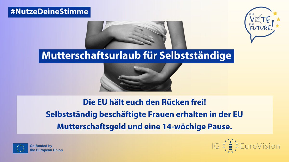 EU baut Barrieren für selbständig erwerbstätige Frauen ab! 💪🇪🇺 14-wöchiger Mutterschaftsurlaub als deutliches Zeichen für Gleichstellung von Frauen!
Die #Europawahl steht bevor #nutzedeineStimme 

🔗 europawahl.eu 
🔗ig-eurovision.eu/eurvote/

#WhatEuropeDoesForMe