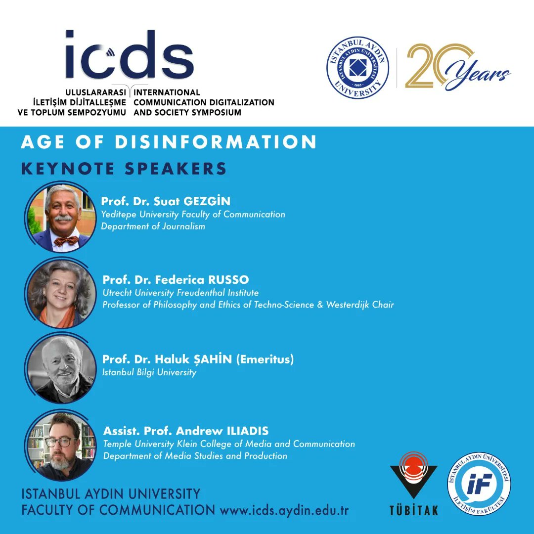 The second of the International Communication, Digitalization and Society Symposium hosted by Istanbul Aydın University Faculty of Communication will be held as a hybrid between 24-25-26 April 2024 with the theme of 'Age of Disinformation'. @IAUKampus @iautanitim