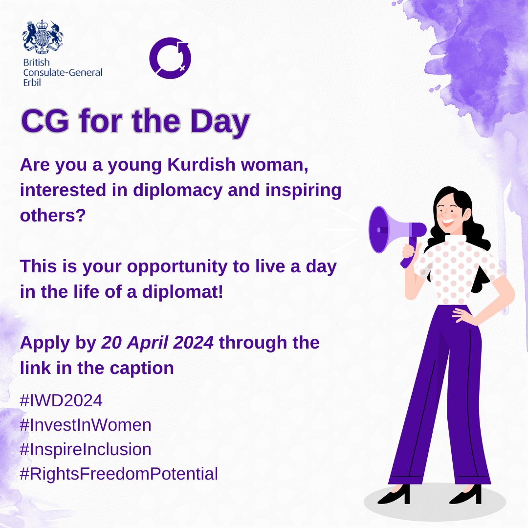 Are you interested in diplomacy, foreign affairs & international relations? Are you a woman between 18-20 & living in the KRI? Here’s your opportunity to join the British CG and the DCG at the British Consulate General in Erbil for a day. Apply here: docs.google.com/forms/d/e/1FAI…