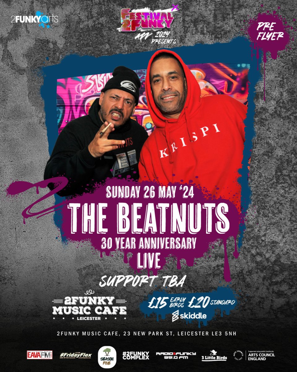 The next big headliner for #festival2funky is American hip-hop group @The_Beatnuts LIMITED Early bird tickets now on offer for £15 Get yours here - i.mtr.cool/oviamovnnm Venue - @2funkymusiccafe Event by @eavafm @FridayFlexShow @TheRealVeejUK Supported by @ace_midlands