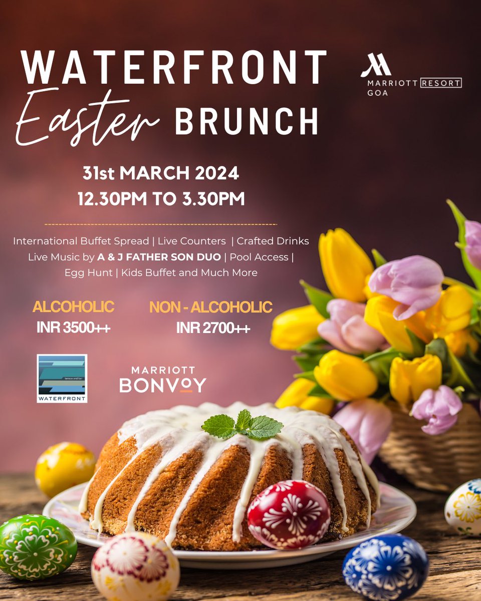 Join us for an extravagant Easter Brunch at Goa Marriott Resort and Spa! Indulge in delightful flavors and exciting surprises, accompanied by live music and refreshing drinks.

31st March | 12:30 PM - 3:30 PM

#ItsBetterAtGoaMarriott #GoaMarriott #Waterfront #EasterBrunch