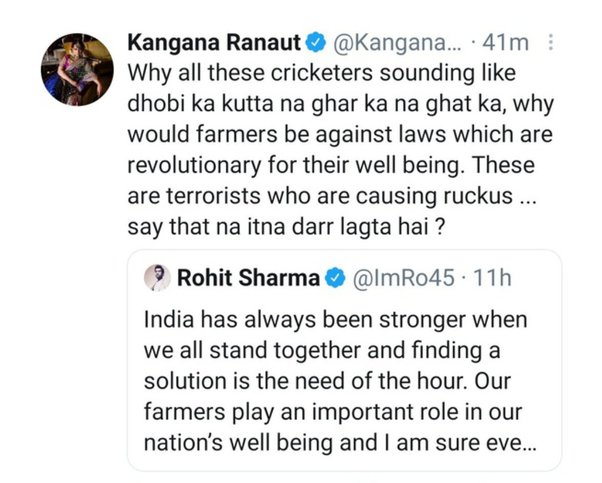 Kangana Ranaut is calling Rohit Sharma, Captain of the Indian Cricket Team, a dog!

Just to reward her hate, the BJP has offered her an MP ticket from Mandi, HP.
