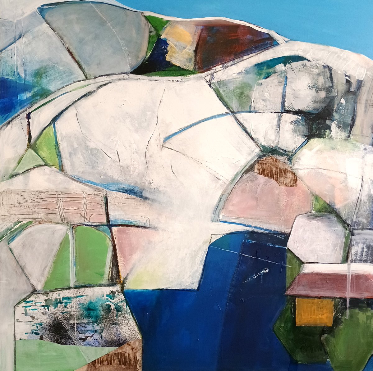 Edge of Spring / Snow Melt on Maen Gwyned, Mixed Media on Canvas by Gill Crozier.