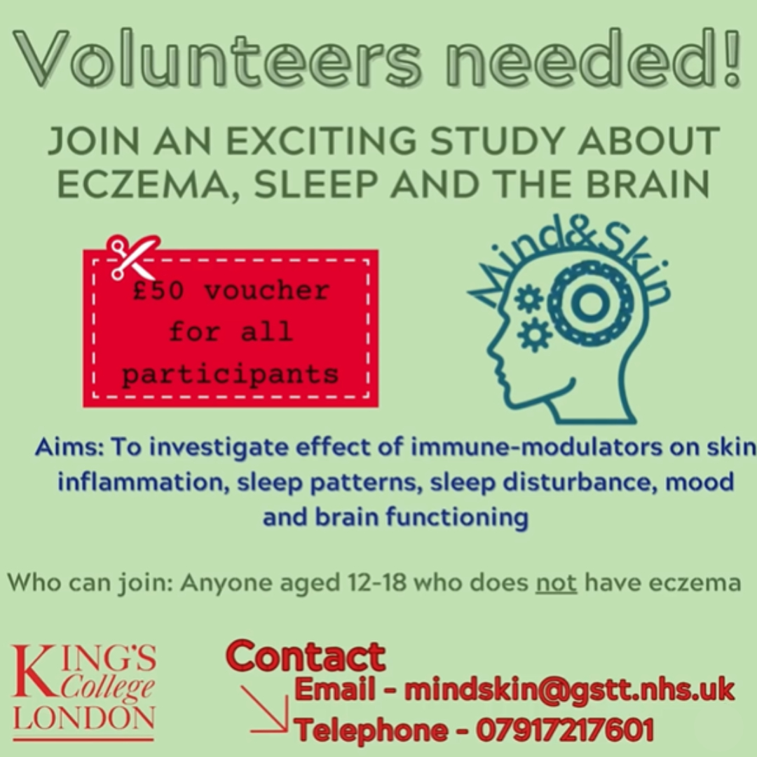 Eczema Outreach Support (@eczemaoutreach) on Twitter photo 📢 Help research in to eczema 📢
Our "Mind and Skin" study, investigates the complex neurocutaneous axis in Atopic Eczema patients versus Healthy Controls.
Approximate time commitment: 8 hours. Receive a £50 voucher.
If you know interested, please contact mindskin@gstt.nhs.uk! 📢 Help research in to eczema 📢
Our "Mind and Skin" study, investigates the complex neurocutaneous axis in Atopic Eczema patients versus Healthy Controls.
Approximate time commitment: 8 hours. Receive a £50 voucher.
If you know interested, please contact mindskin@gstt.nhs.uk!