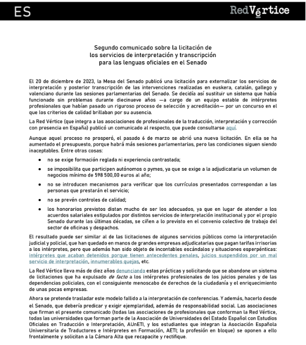 Las 20 asociaciones que formamos la Red Vértice, con el apoyo de AUnETI y <a href="/AETIoficial/">AETI</a>, nos oponemos a la nueva licitación de <a href="/Senadoesp/">Senado de España</a> para la externalización de los servicios de #interpretación en las lenguas oficiales del Estado.

Nota de prensa➡️redvertice.org