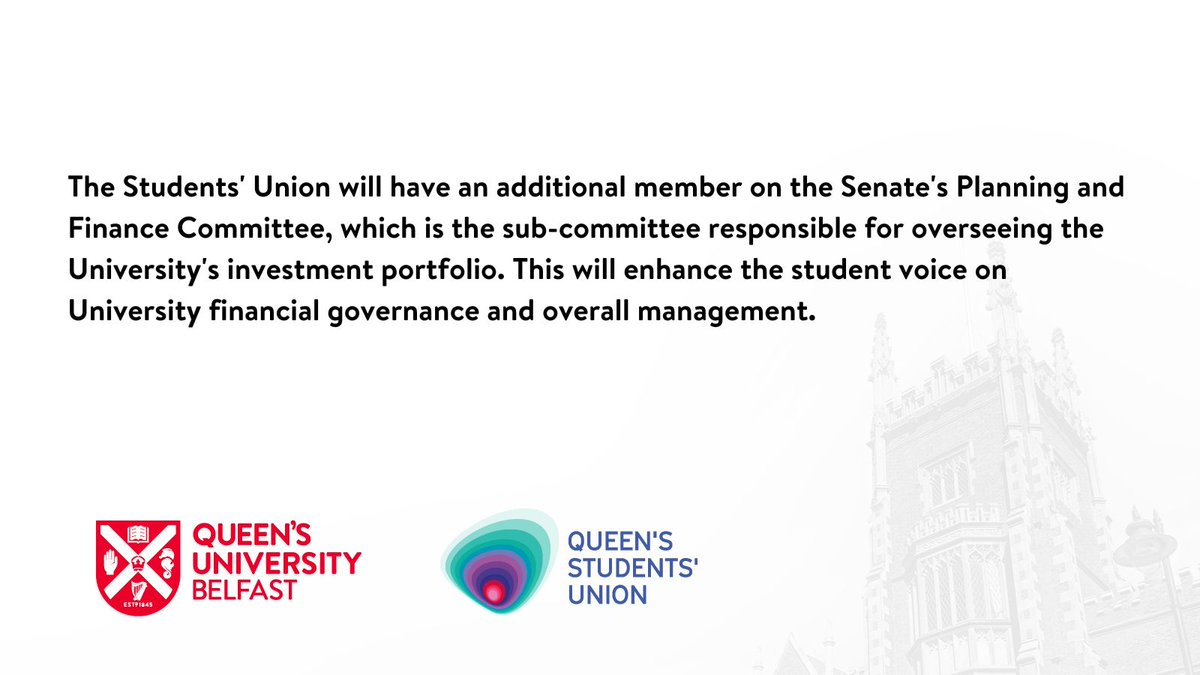 Following an All-Student Vote in December 2023, the @QueensSU_ Officers held a series of meetings with a delegation from the University leadership team with a view to reaching an agreement on addressing the subjects of the vote: 🔴 Direct/indirect investment by the University in…
