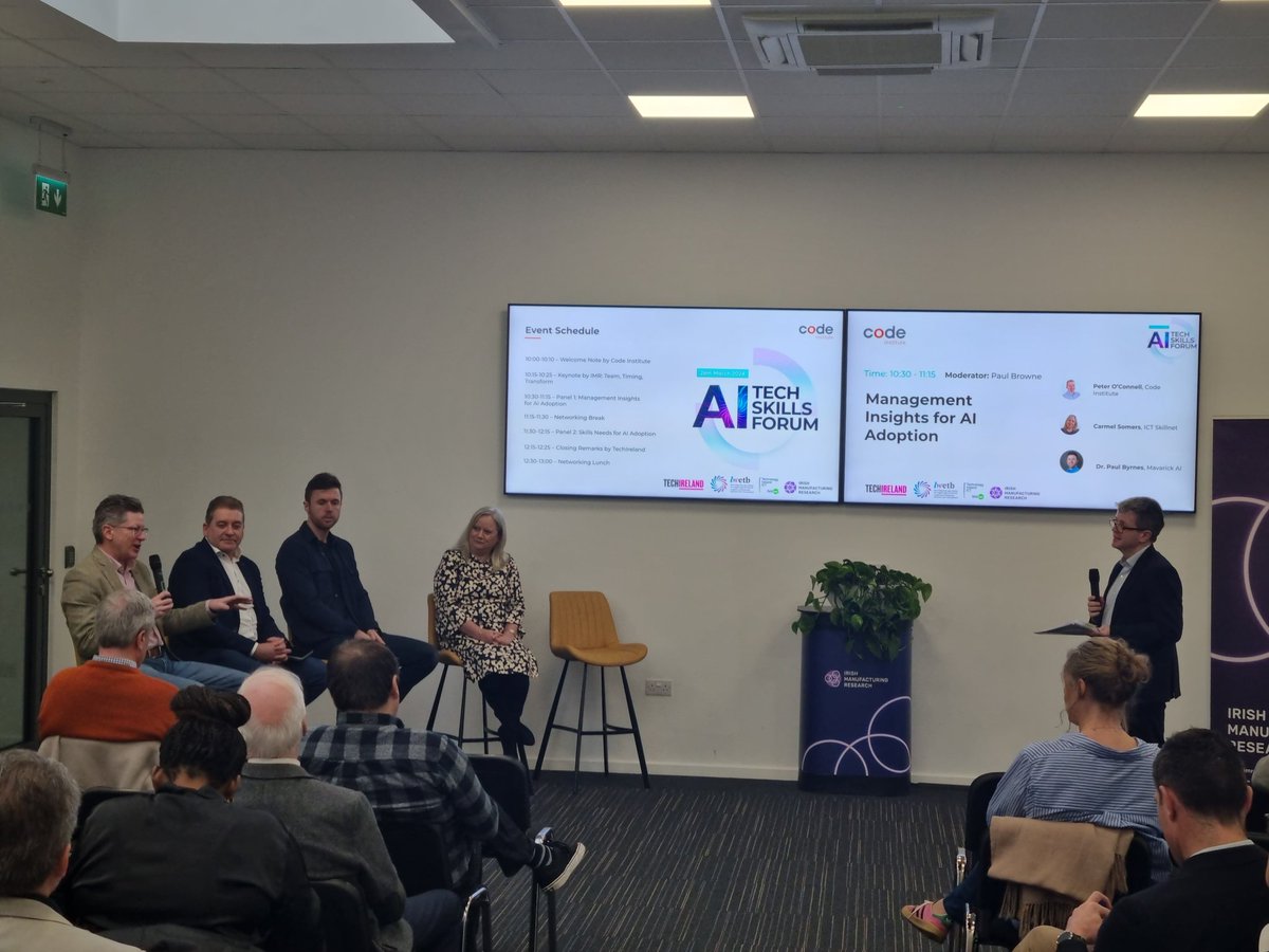 🎤Panel 1 takes to the stage now here at the AI Tech Skills Forum. ✨️Discussing all things on Management Insights with Paul Browne moderating and speakers Brian Caulfield, Peter O'Connell, Paul Byrnes and Carmel Somers. #AITechSkills #TechEvent #Networking