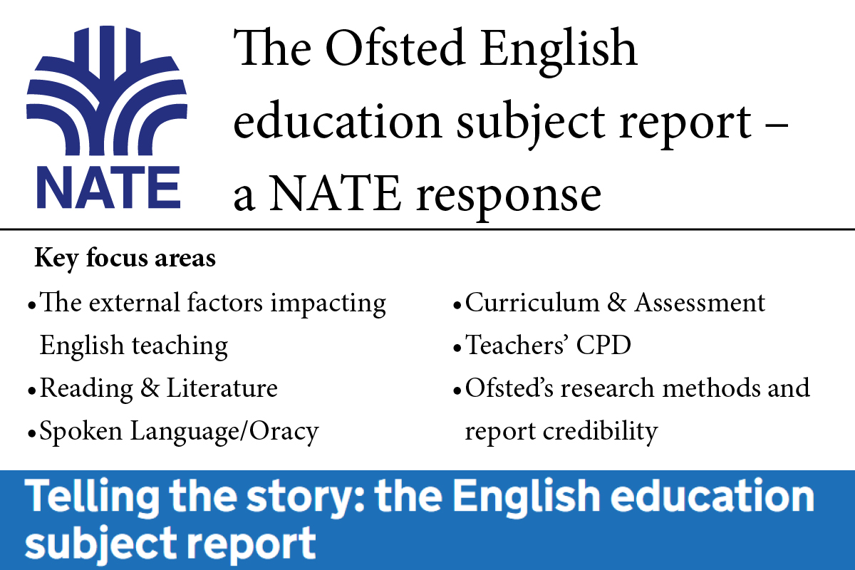 The Ofsted English education subject report – a NATE response

The external factors impacting English teaching
Reading &amp; Literature
Writing
Spoken Language/Oracy
Curriculum &amp; Assessment
Teachers’ CPD
Ofsted’s research methods &amp; report credibility 

bit.ly/NATE-Ofsted-re…