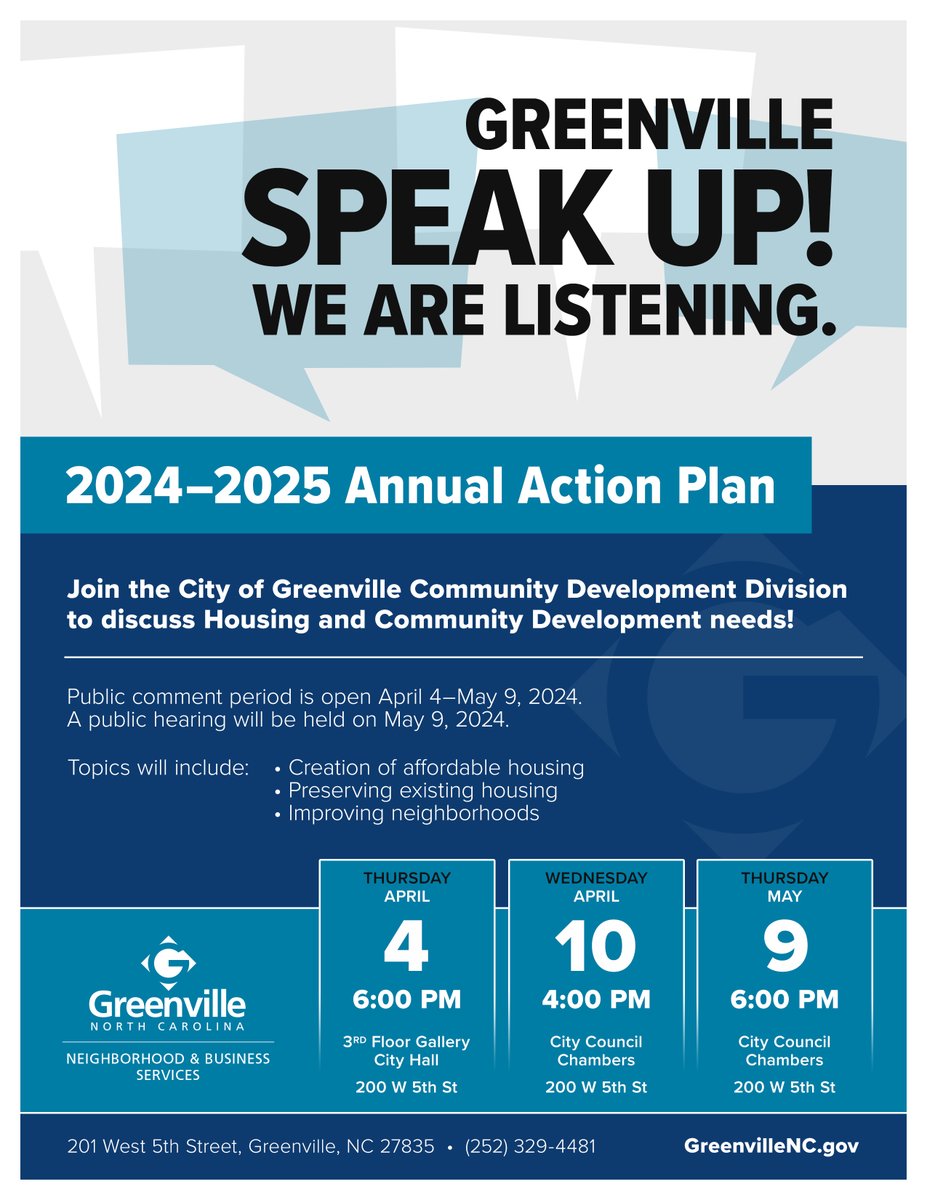 GreenvilleNC's tweet image. Have Ideas for Community Improvements? We’re Listening! 👂

Join us tomorrow, April 4th for an Annual Action Plan Public Meeting. 

Fun Fact: #CDBG helps create and retain local jobs having created/retained 454,961 economic development jobs since 2005.

#CDWeek2024 #CDBGworks