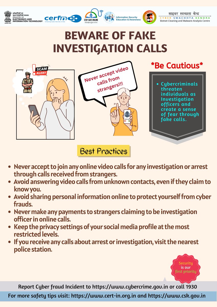 Safety tip of the day: Beware of fake investigation calls. #indiancert #cyberswachhtakendra #staysafeonline #cybersecurity #besafe #staysafe #mygov #Meity #onlinefraud #cybercrime #scam #cyberalert #CSK #cybersecurityawareness