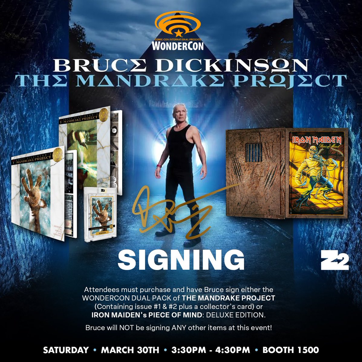 Get ready, Anaheim!⚡️ Legendary #BruceDickinson will be at booth #1500 on Saturday at 3:30PM signing the anticipated graphic novel, Bruce Dickinson’s #TheMandrakeProject ☠️ We thank you in advance for not taking photos!