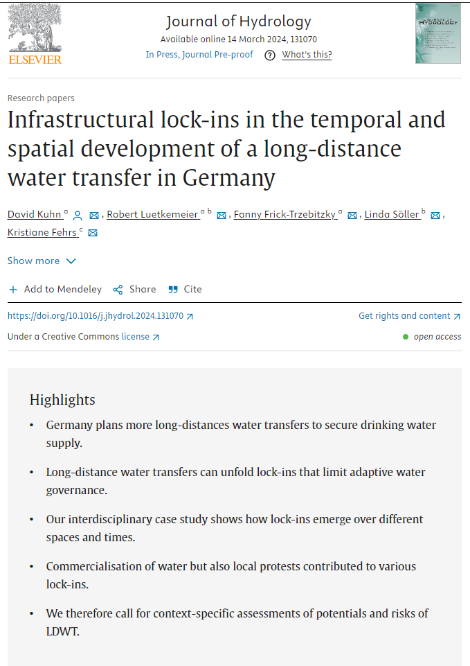 Preprint of my first PhD paper available 😎

Infrastructural lock-ins in the temporal and spatial development of a long-distance water transfer in Germany

sciencedirect.com/science/articl…

with my <a href="/regulateproject/">regulate project | groundwater research</a> colleagues <a href="/Sci_Bert/">Robert Luetkemeier</a>, <a href="/fanny_frick/">Fanny Frick-Trzebitzky</a>, Linda Söller and Kristiane Fehrs!