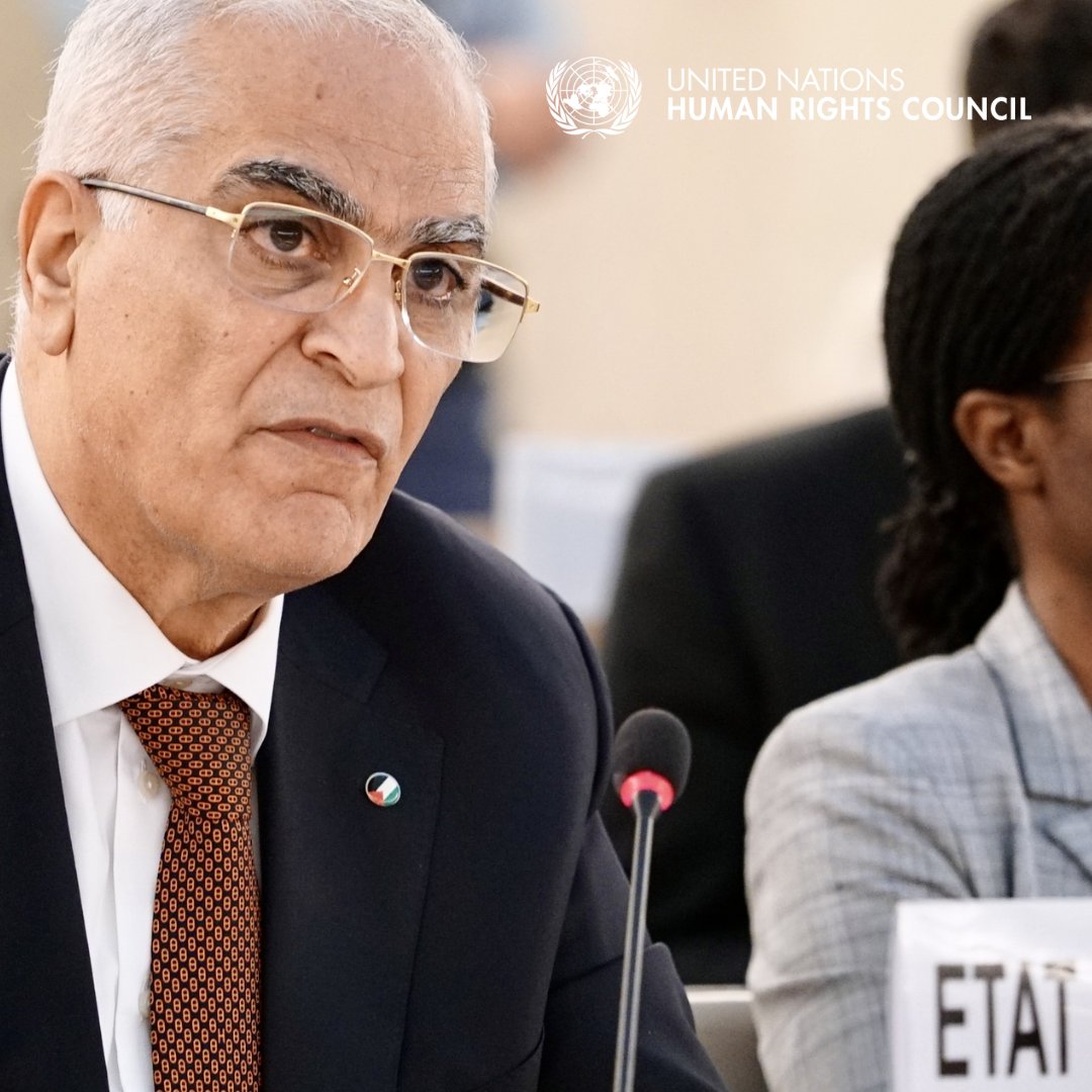 Ambassador Ibrahim Khraishi, Permanent Observer of the State of Palestine to the @UNGeneva, took the floor at the @UN Human Rights Council during an interactive dialogue with @FranceskAlbs on the human rights situation in the Palestinian territory occupied since 1967. #HRC55