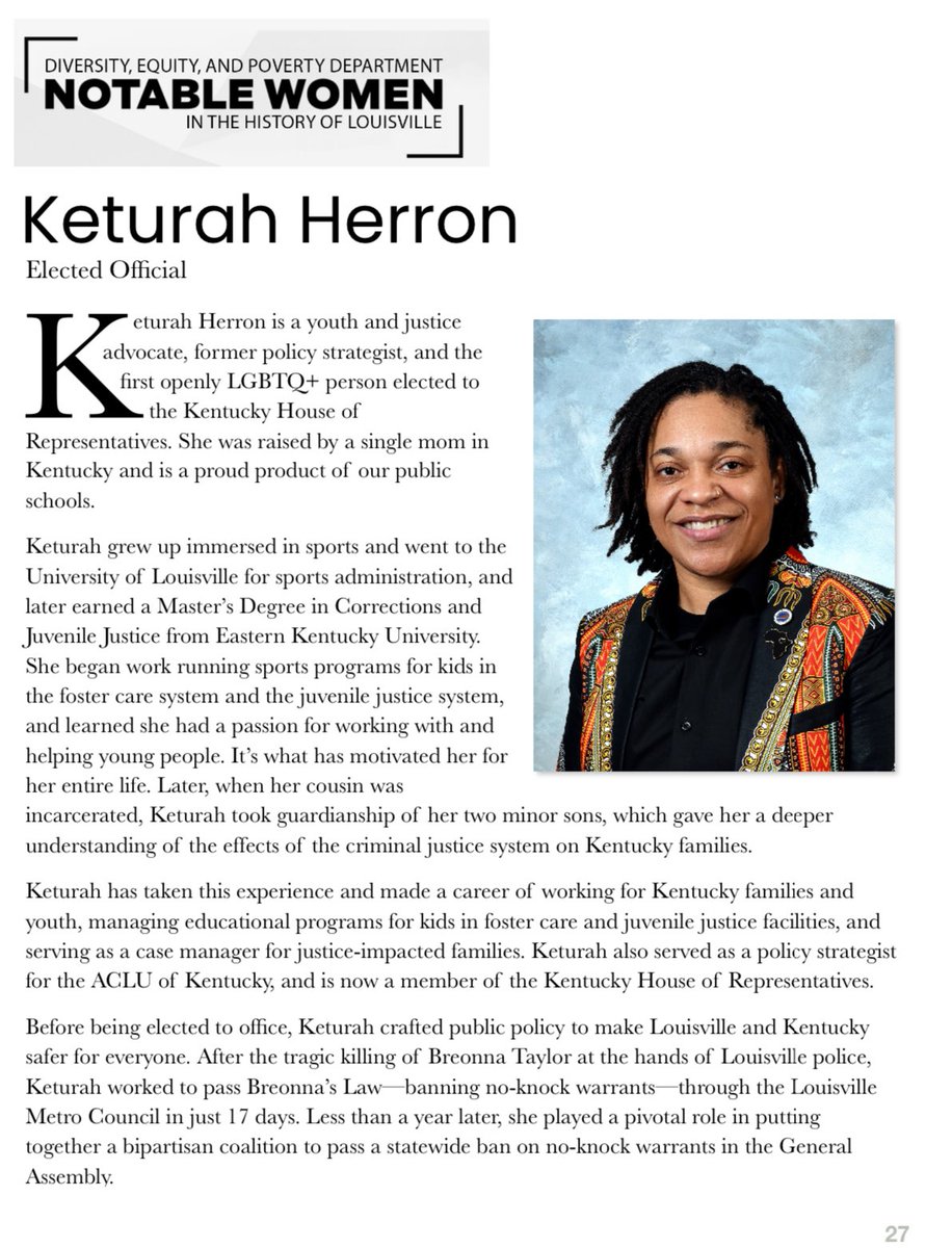 Keturah Herron is a youth and justice advocate, former policy strategist, and the first openly LGBTQ+ person elected to the Kentucky House of Representatives. She was raised by a single mom in Kentucky and is a proud product of our public schools. #WHM2024