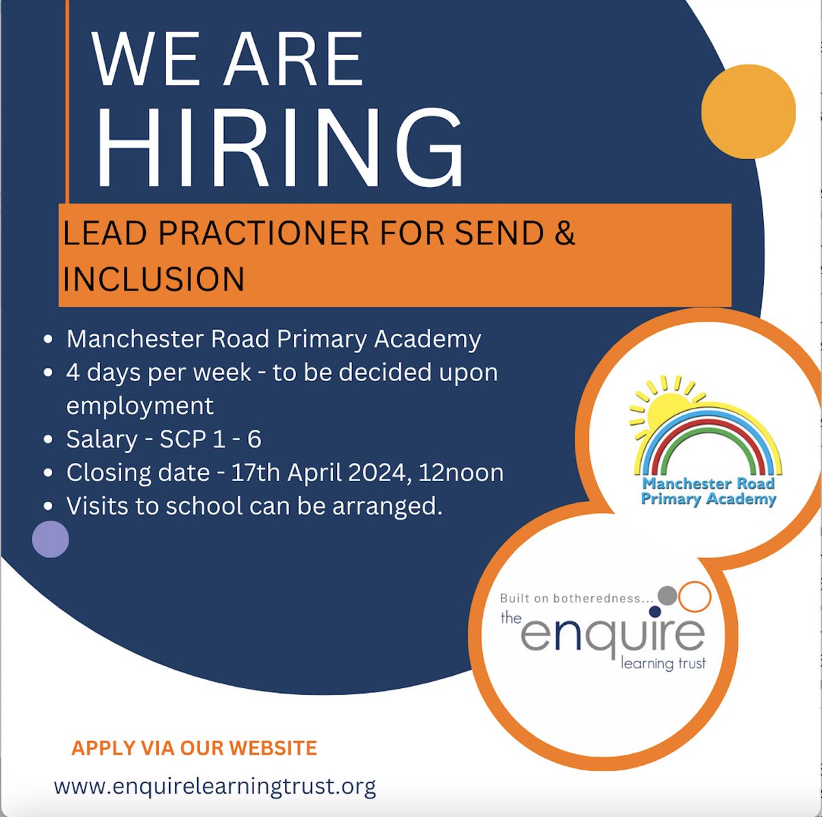 We are looking for a Lead Practitioner for SEND & Inclusion to join The Enquire Learning Trust🧡 Interested? Or know someone who might be? Please share! 🗓17/04/2024, 12noon 📍Manchester Road Primary Academy Find out more and apply here📷 enquirelearningtrust.org/.../manchester…...