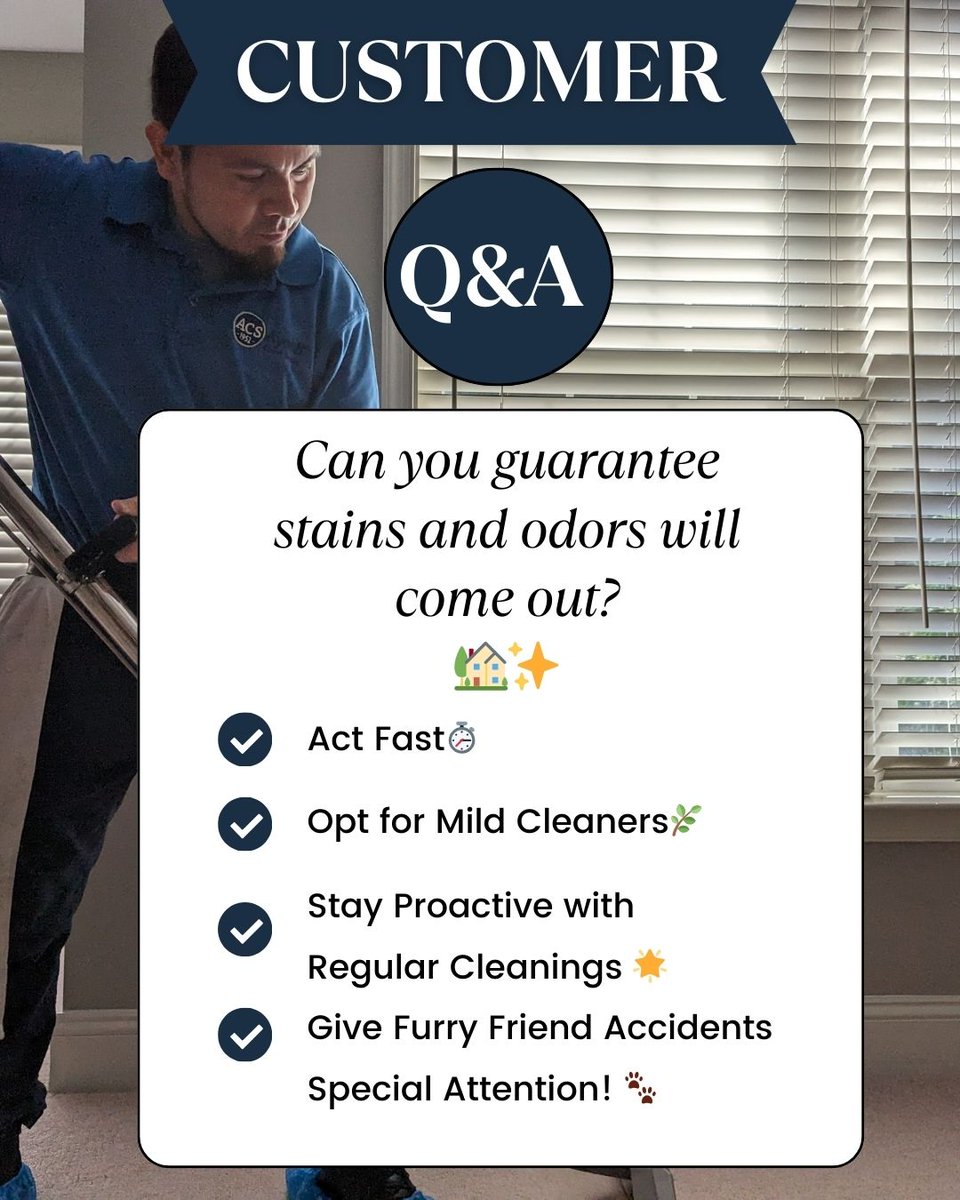CUSTOMER Q&A😀
Can You Guarantee Stains and Odors will come out?

The simple answer is No... But here are some pro-tips to help you get the best results!
Call today... 703-255-6000... 

#FabricCareTips #FabricProtector #stainremoval #odorremoval #ayoubcarpetservice