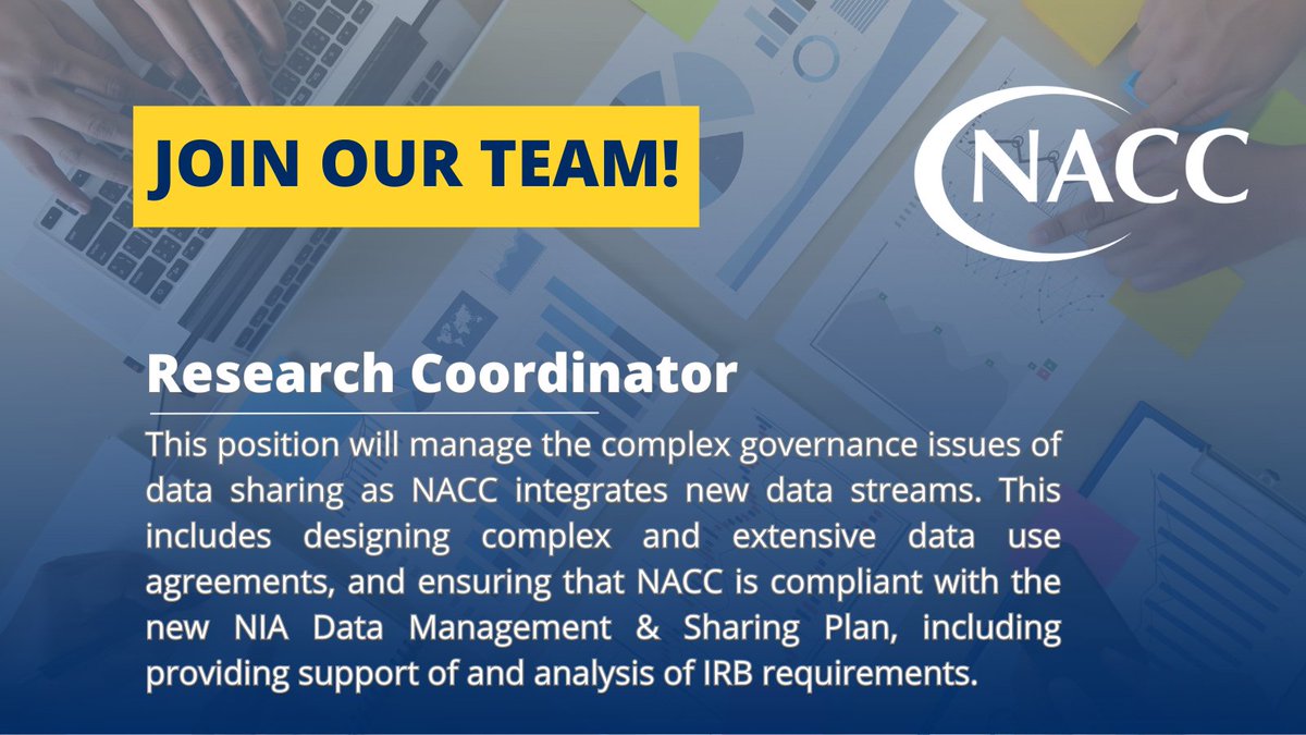 @NACCData is #hiring a Research Coordinator! Come join our friendly and dynamic team and help advance Alzheimer’s research and discovery! #researchgovernance #datasharing #datamanagement Learn more about the position and apply today: uwhires.admin.washington.edu/ENG/candidates…