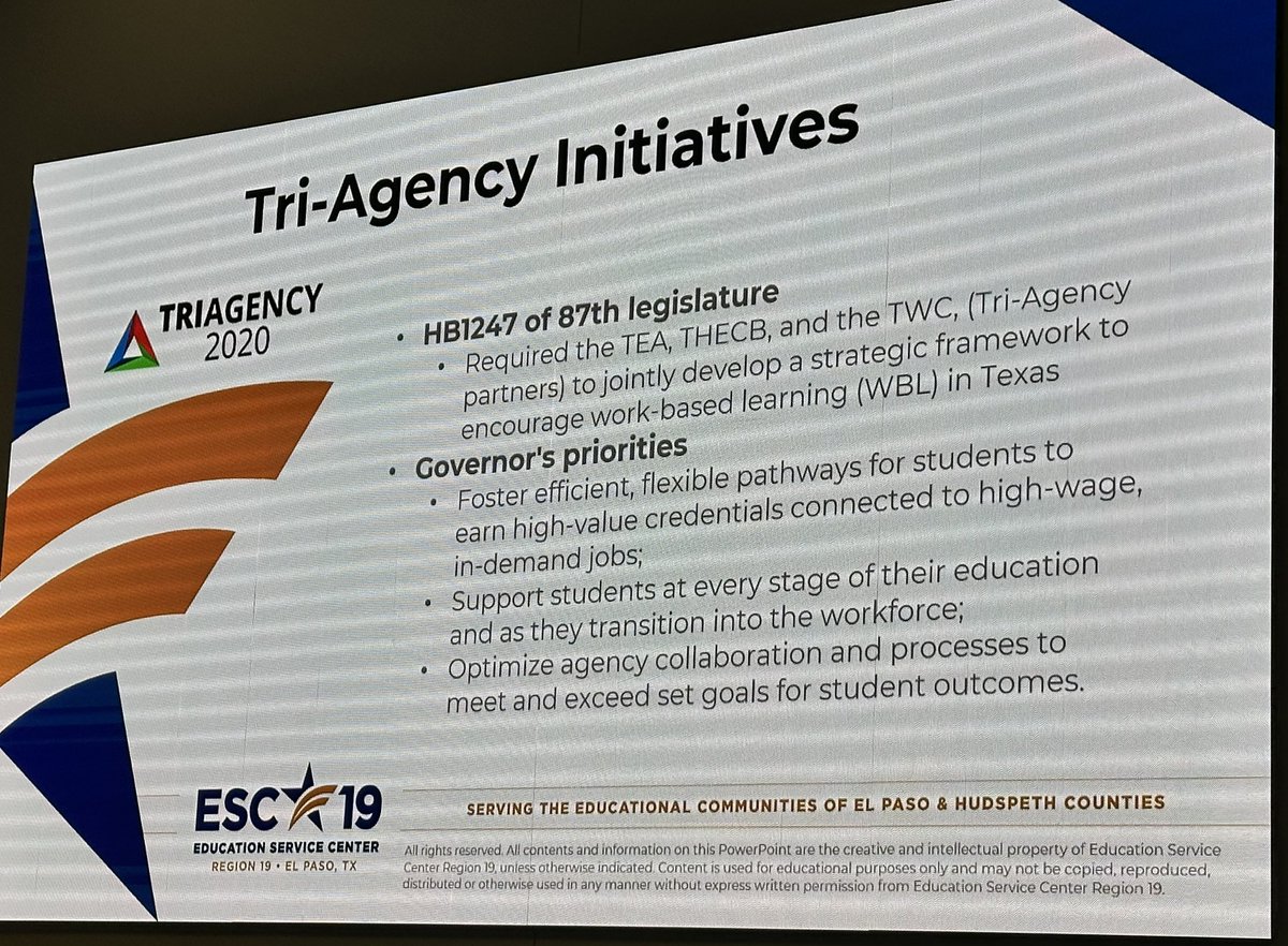 Dr. Armando Aguirre, Executive Director, @ESCRegion19, & Angie Haro, Director, Information & Instructional Tech Svcs & College, Career & Military Prep presented on Tri-Agency (@teainfo, @TXWorkforce, & @TXHigherEdBoard) Initiative to the @EPC915 Education & Workforce Committee.