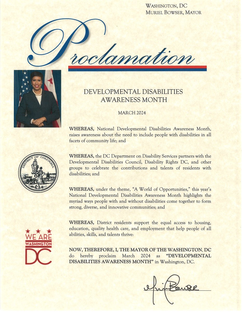 March is Developmental Disabilities Awareness Month, a time to raise awareness about the need to include people with disabilities in all facets of community life. Let's continue to support equal access to opportunity and to help people of all abilities and talents thrive in DC.