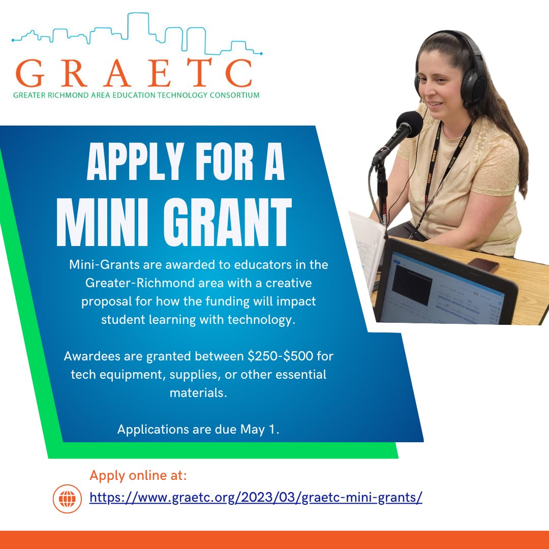 GRAETC mini grant applications are open until May 1 📅 Submit your proposal for a creative technology project that will make an impact on instruction in your classroom, school, or district in Region 1. Applications found on our website: graetc.org/2023/03/graetc…