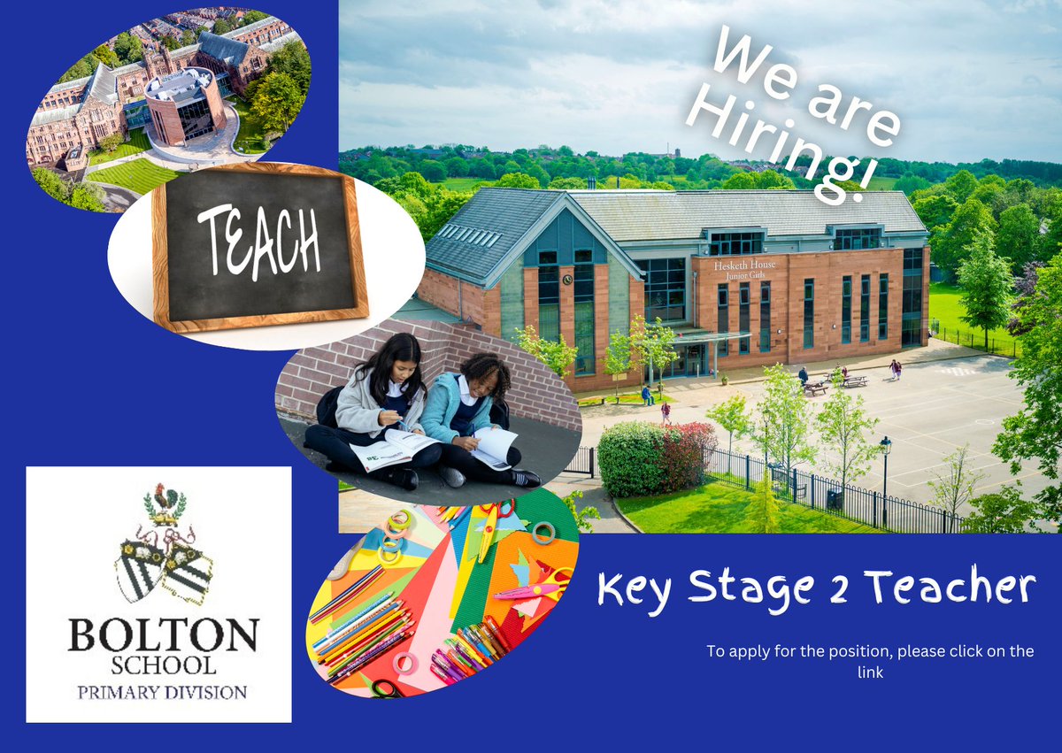 We are hiring! We are currently looking for a KS2 Teacher (Fixed Term) to join the Girls’ Junior School. Please click here to apply: bit.ly/4a6HjCx #hiring #boltonjobs #recruitment #KS2 #teacher