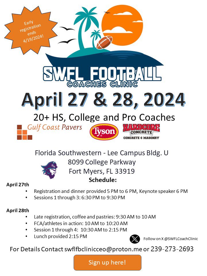 SWFLCoachClinic's tweet image. 🚨 🏈 coaches!! Are you ready for an invaluable PD and educational experience?

The premier football coaches clinic in south Florida is back! 

We have one on the west coast and on the east coast. Come be a part of it!

You can register on our website  - soflocoachesclinic.com