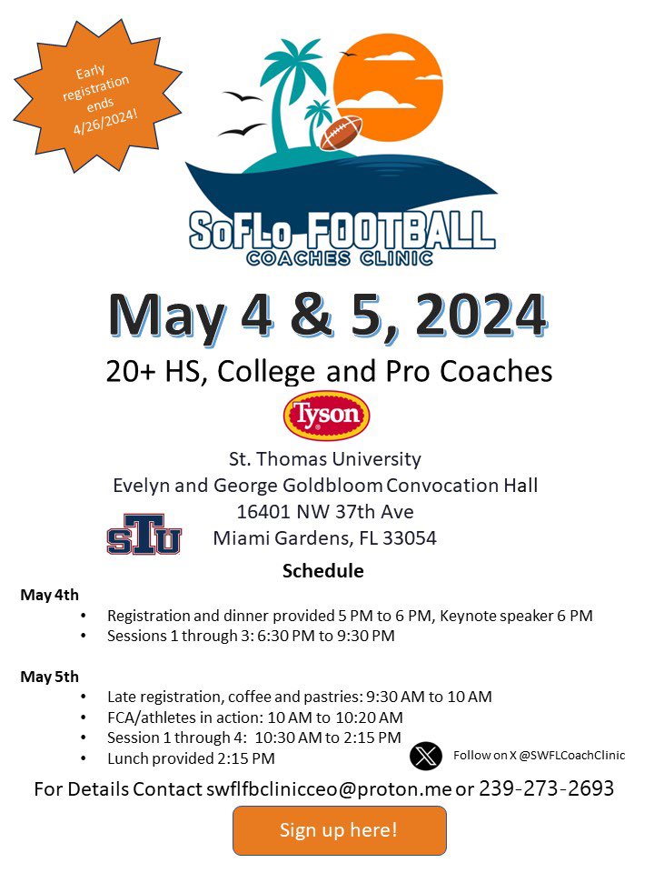 🚨 🏈 coaches!! Are you ready for an invaluable PD and educational experience? The premier football coaches clinic in south Florida is back! We have one on the west coast and on the east coast. Come be a part of it! You can register on our website - soflocoachesclinic.com