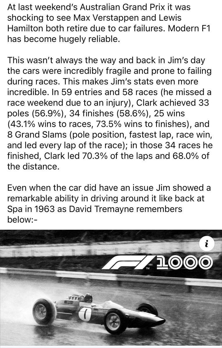 At last weekend’s Australian Grand Prix it was shocking to see Max Verstappen and Lewis Hamilton both retire due to car failures. Modern F1 has become hugely reliable. It wasn’t that way back in Jim’s day, he could drive round a problem too, see below:- formula1.com/en/latest/arti…