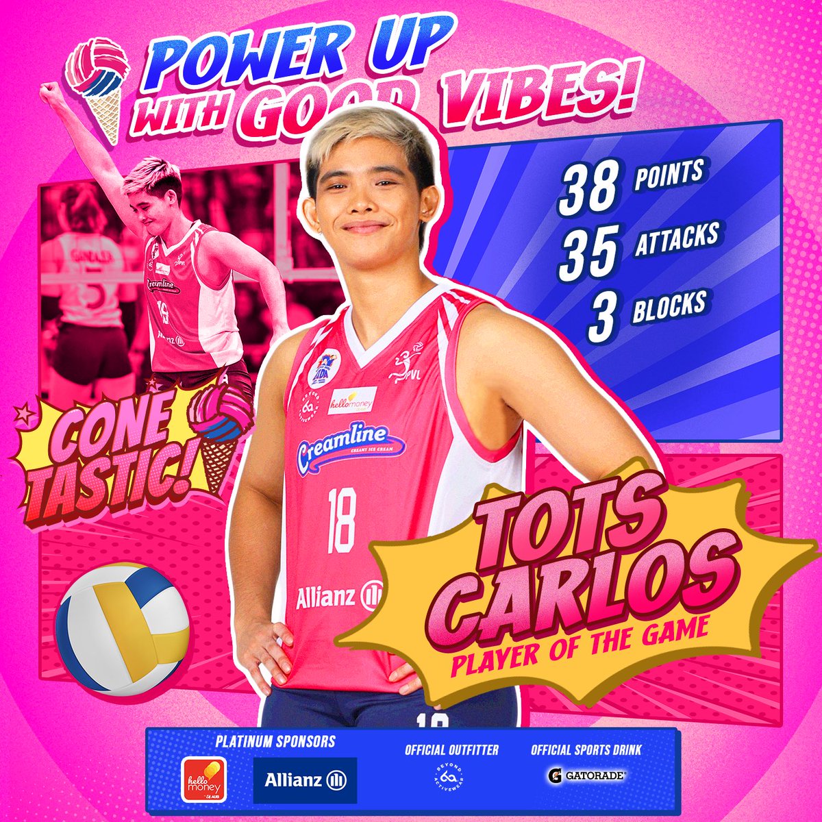 Tots Carlos once again dominates the game tonight with a new career-high of 38 points! 🙌🏻💪🏻 Congratulations, Tots! 💖 #PowerUpWithGoodVibes #CreamlineCreamyIcecream #CreamlineCoolSmashers