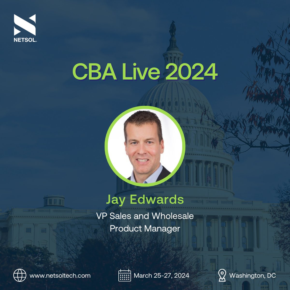 Connect with our VP Sales and Wholesale Product Manager @JayEdwards at CBA Live 2024 in Washington DC taking place from March 25-27

#netsoltech #cba #consumerbankersassociation #cbalive2024 #beadaptive #financialservices #washingtondc