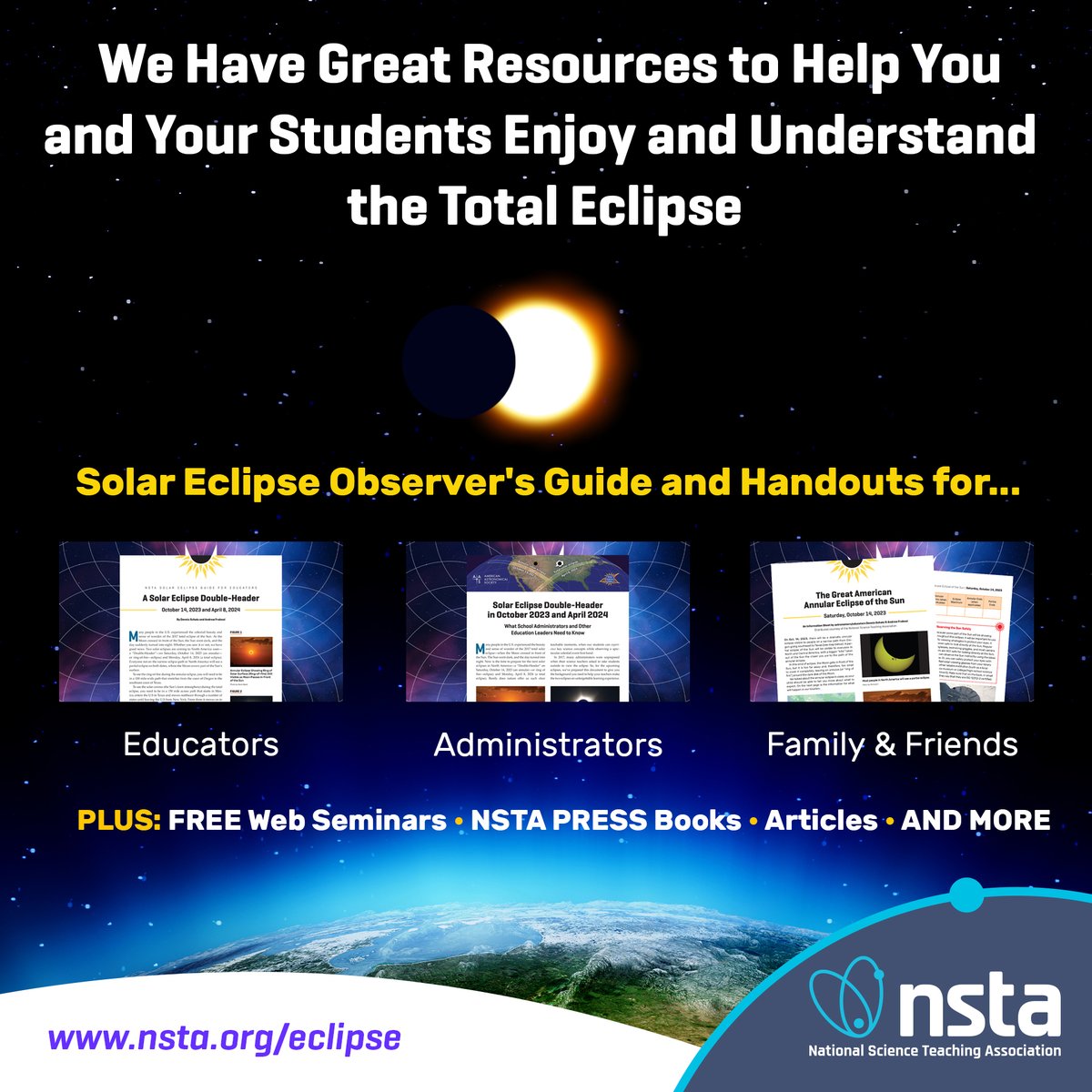 Are you ready for the #solareclipse happening April 8th? Don’t worry, there’s still time to prepare! #NSTA has a host of resources available to science educators of all kinds to help you and your students understand the total eclipse! Check them out at bit.ly/4ctFaCD!