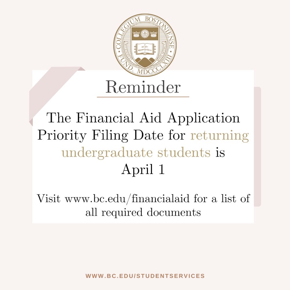 The Financial Aid Application Priority Filing Date for undergraduate students is coming up! Visit bc.edu/financialaid to view the required forms 🦅📚 #BostonCollege