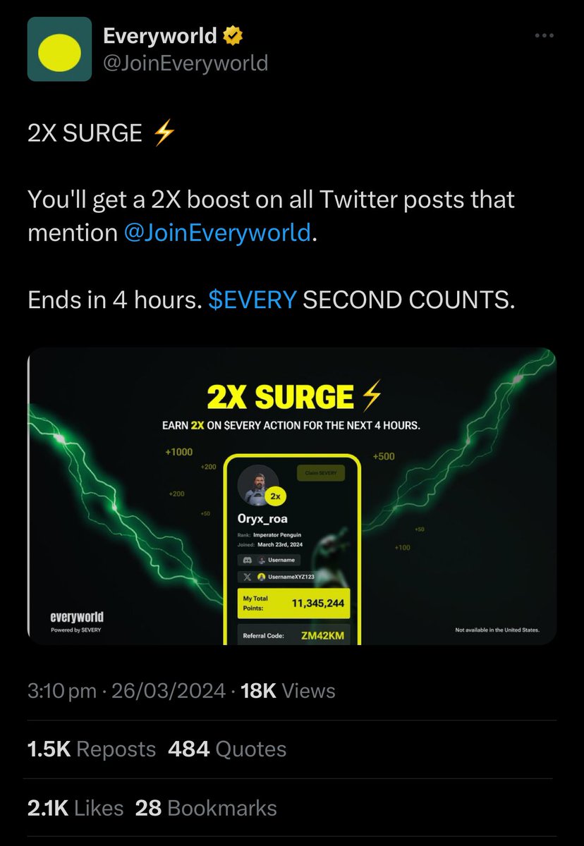 Make use of this 2X surge and rack up more $EVERY points. 

Ends in less than 4 hours.

Retweet 
Like
Comment $EVERY and mention <a href="/JoinEveryworld/">Everyworld</a> .

$BLOCK anyone wey disturb you.